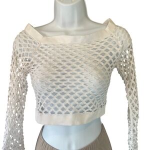 Womens White Fishnet Mesh Rave Festival Crop Top Medium Edgy Streetwear Grunge